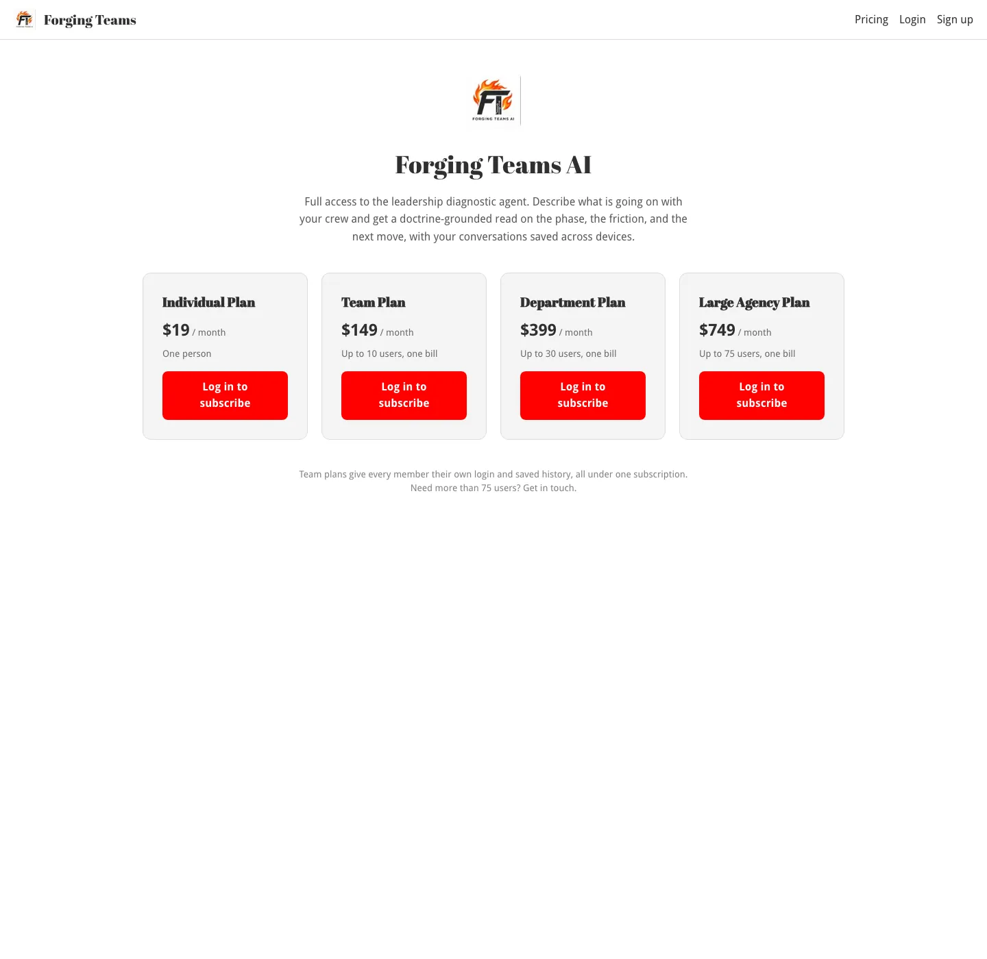 Forging Teams public pricing: Individual $19, Team $149, Department $399, Large Agency $749