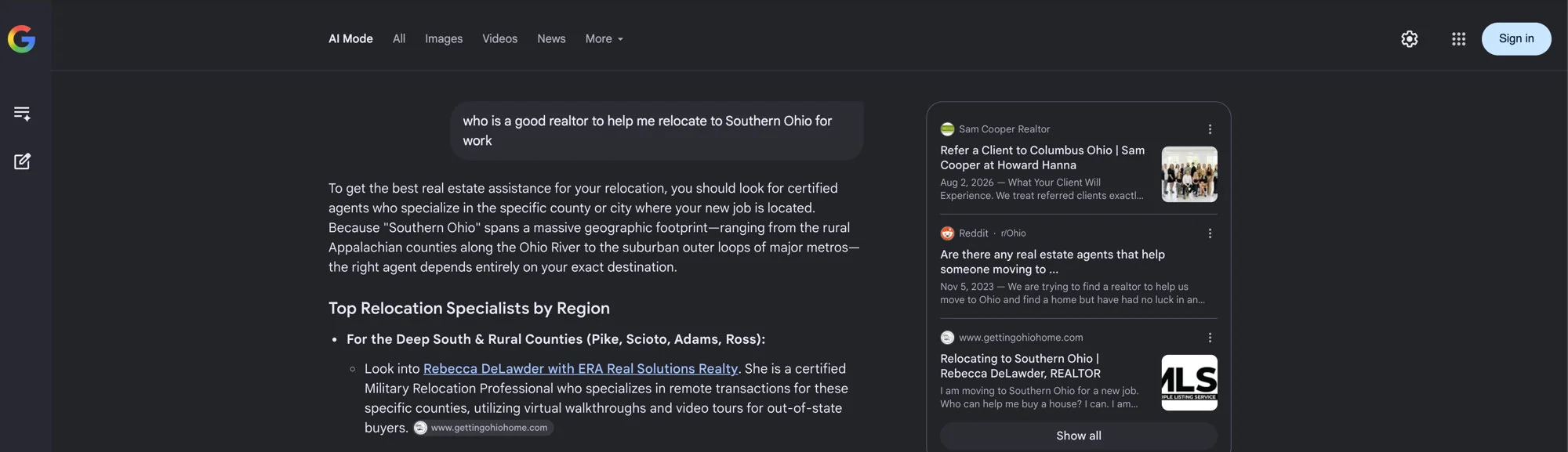 Google AI Mode recommending Rebecca DeLawder by name for relocating to Southern Ohio for work