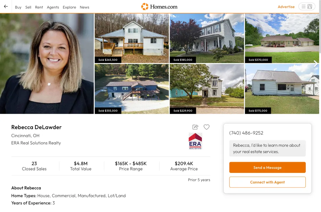 Homes.com profile listing for Rebecca DeLawder with ERA Real Solutions Realty