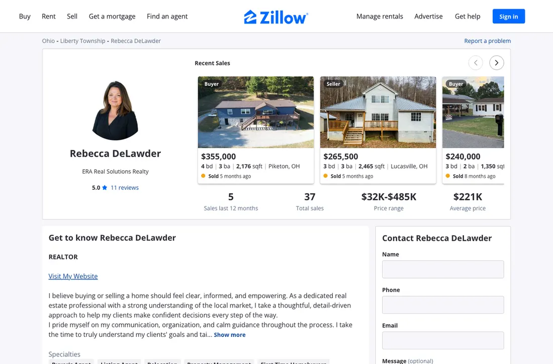 Zillow profile for Rebecca DeLawder showing reviews and Southern Ohio market presence