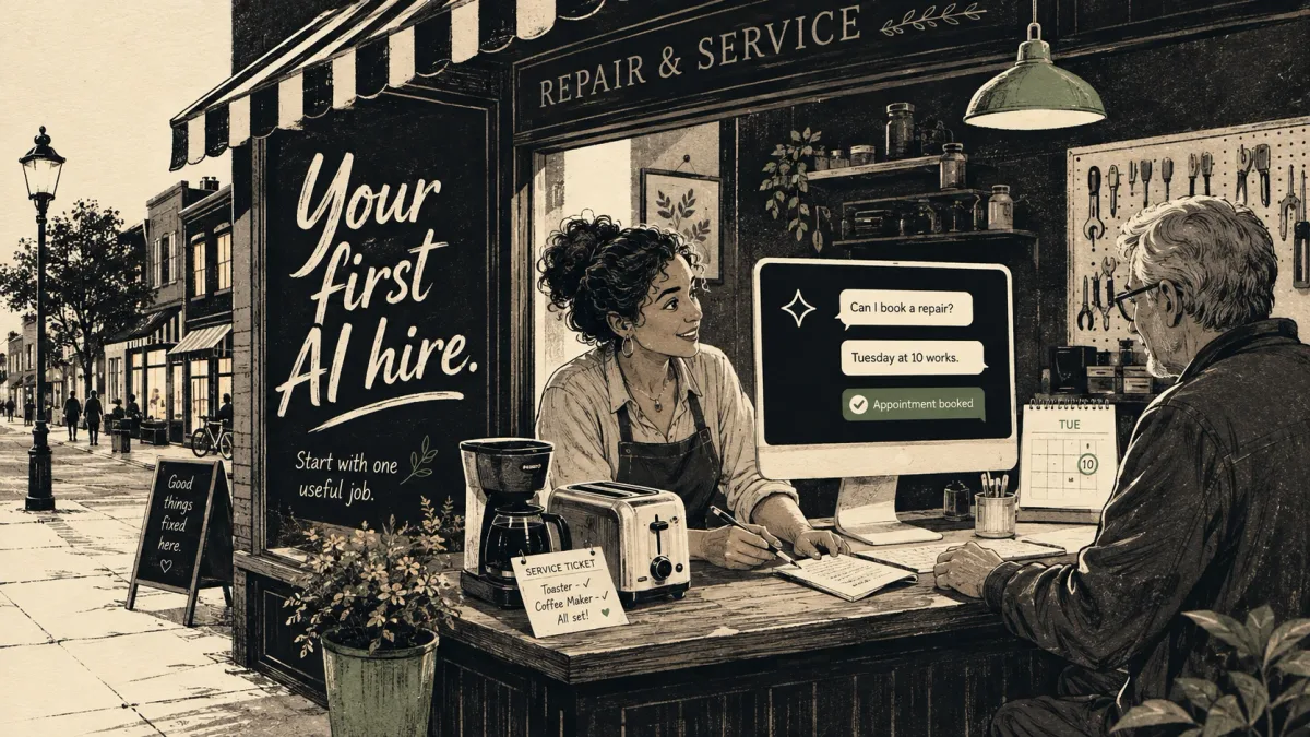 A repair shop illustration shows an AI assistant booking a service appointment under the words Your first AI hire.