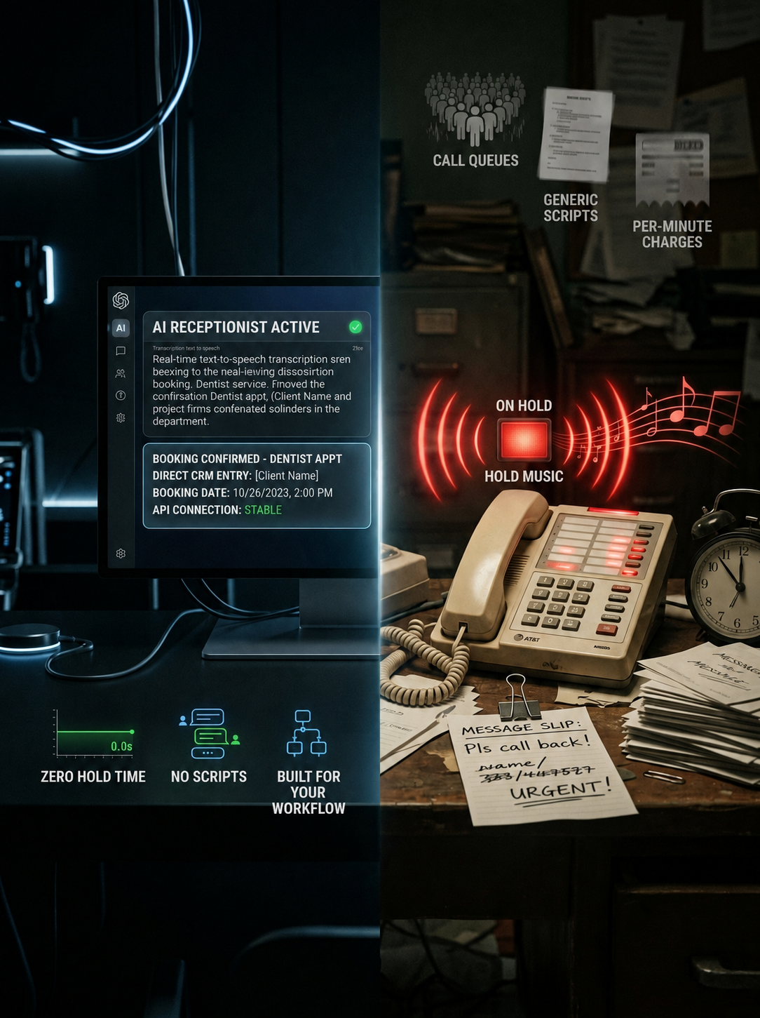 AI receptionist booking appointments beside a traditional answering-service desk